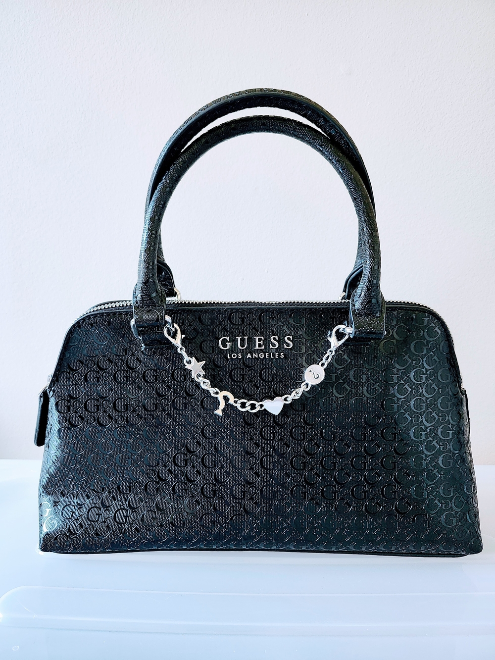 GUESS Black Embossed Silver Charm Hand Bag - Picture 2 of 6